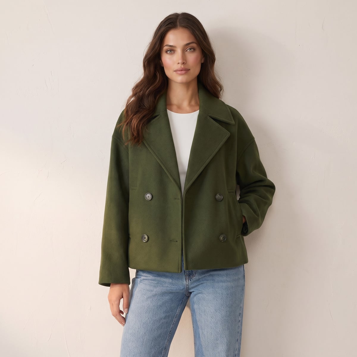 Women's cropped wool peacoat with double-breasted button front in green