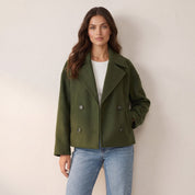 Women's cropped wool peacoat with double-breasted button front in green