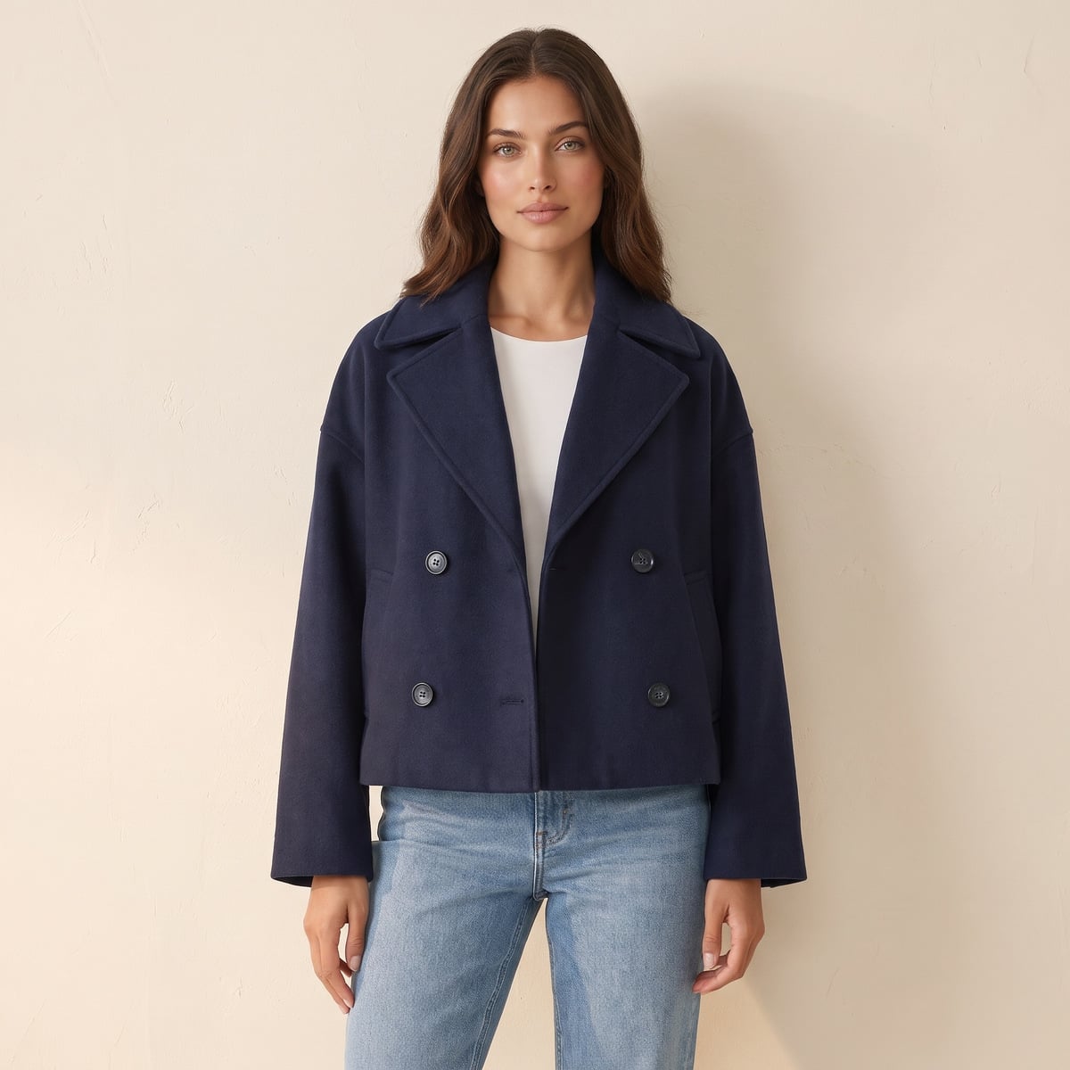 Women's cropped wool peacoat with double-breasted button front in navy