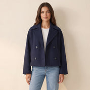 Women's cropped wool peacoat with double-breasted button front in navy