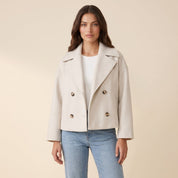 Women's cropped wool peacoat with double-breasted button front in white