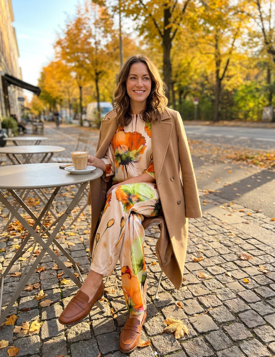 Vrouw op een herfstterras in de tweedelige set met bloemenprint, losvallende top en wijde broek, met camel jas over de schouders