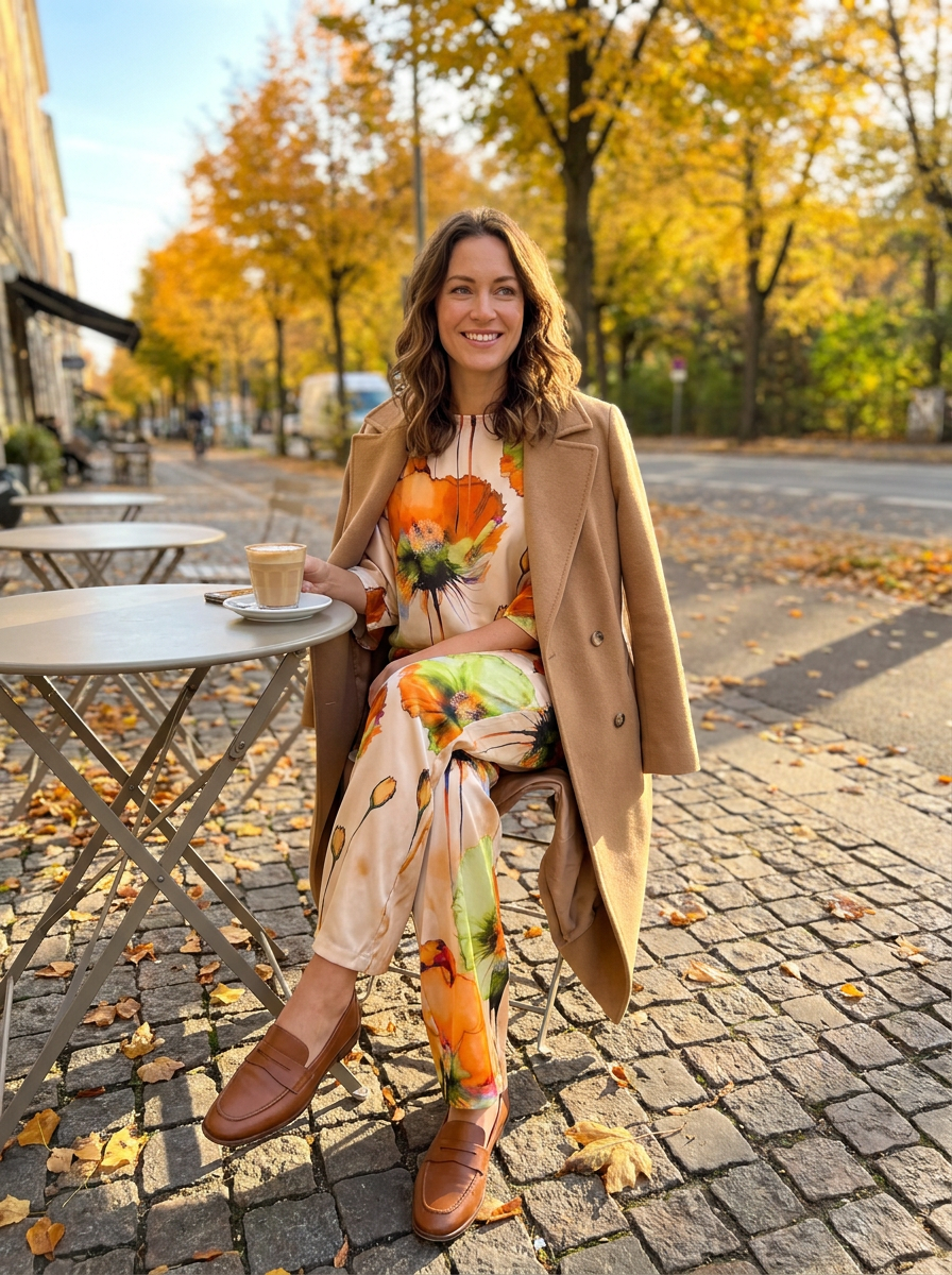 Vrouw op een herfstterras in de tweedelige set met bloemenprint, losvallende top en wijde broek, met camel jas over de schouders
