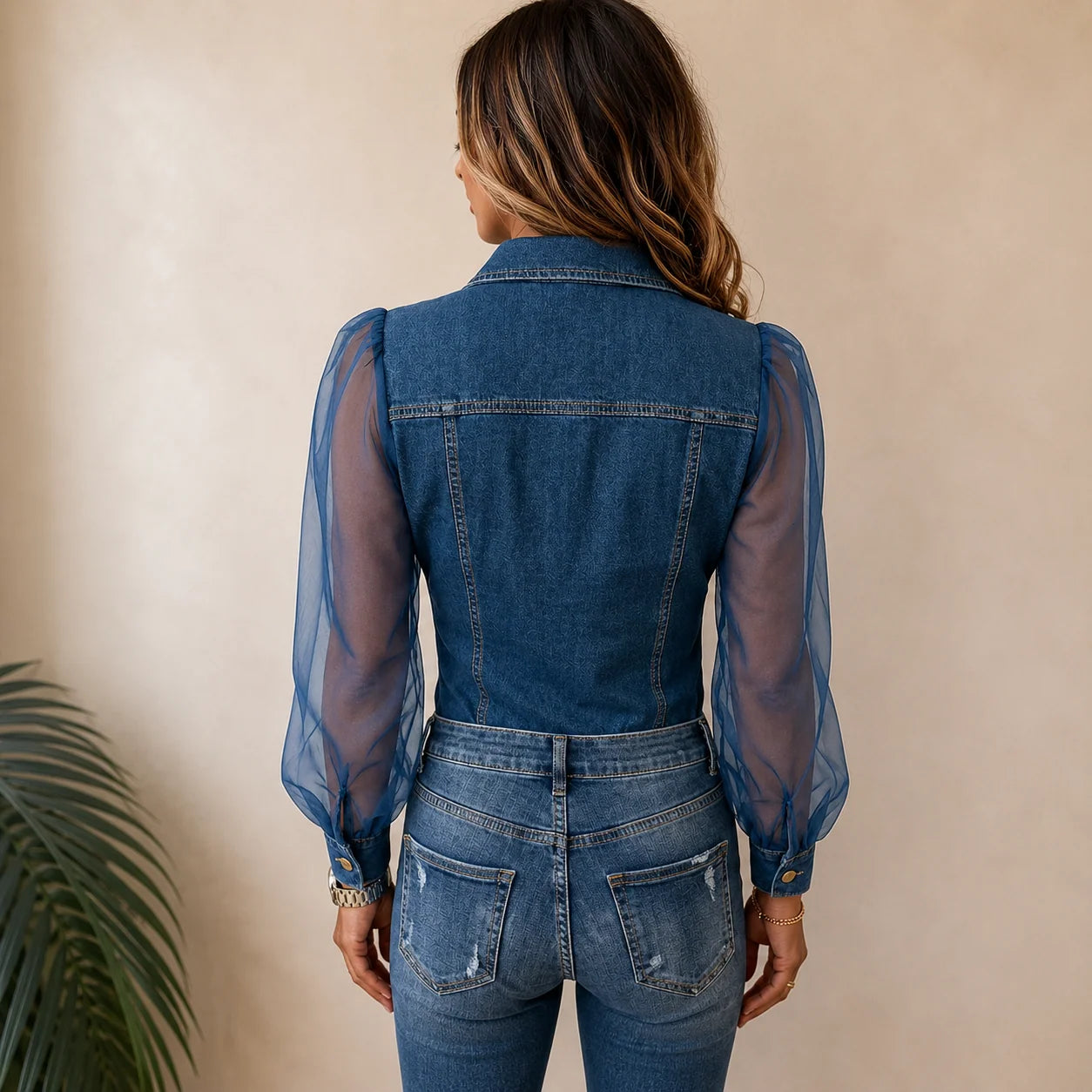 Women's denim-look blouse with sheer mesh sleeves