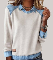 Women's denim-look jumper with shirt collar and cuffs in beige