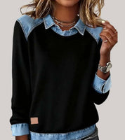 Women's denim-look jumper with shirt collar and cuffs in black