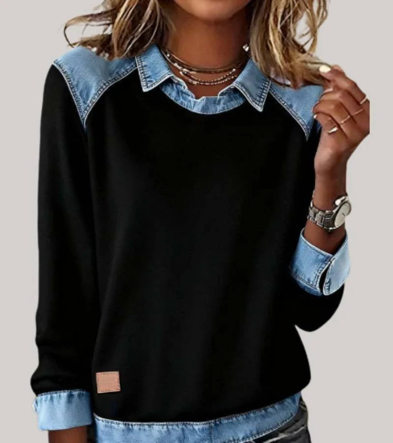 Women's denim-look jumper with shirt collar and cuffs in black