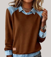 Women's denim-look jumper with shirt collar and cuffs in brown