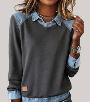 Women's denim-look jumper with shirt collar and cuffs in grey