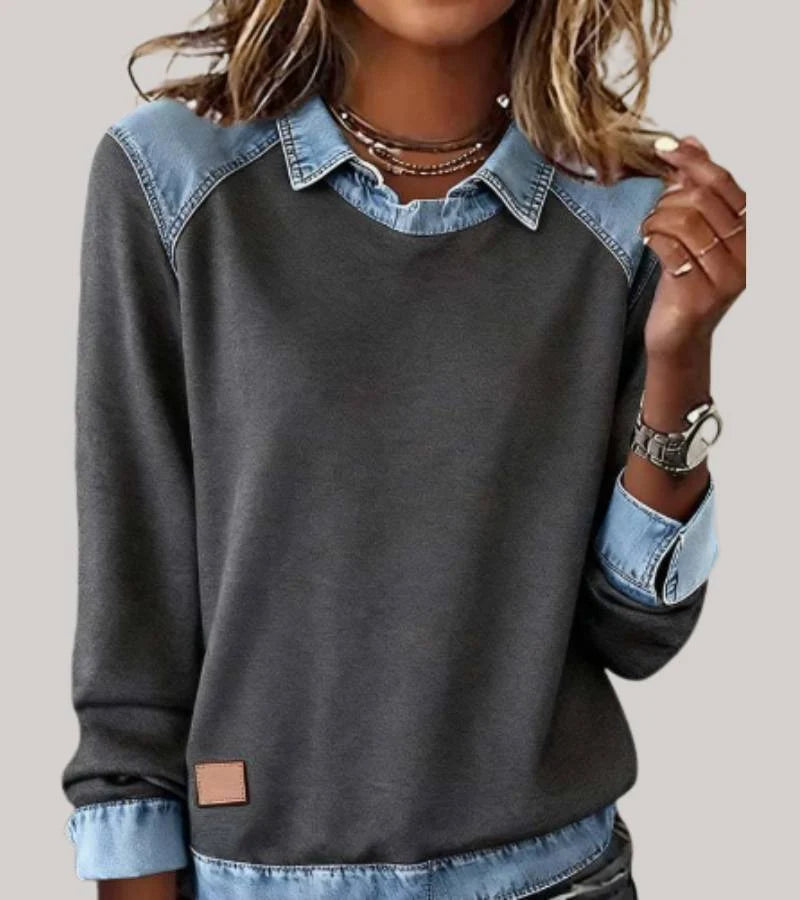 Women's denim-look jumper with shirt collar and cuffs in grey