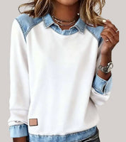 Women's denim-look jumper with shirt collar and cuffs in white
