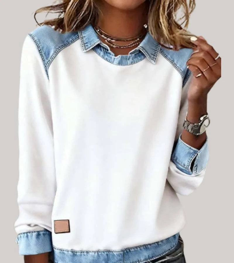 Women's denim-look jumper with shirt collar and cuffs in white