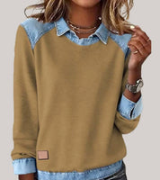 Women's denim-look jumper with shirt collar and cuffs in yellow