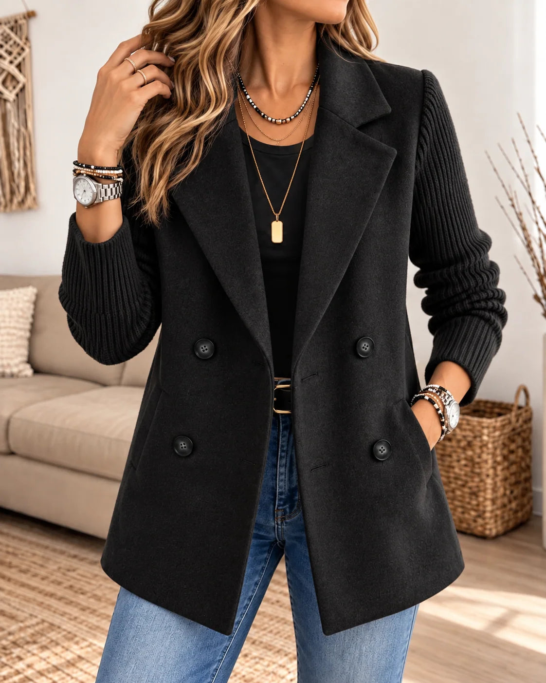Women's double-breasted blazer with knitted sleeves in black