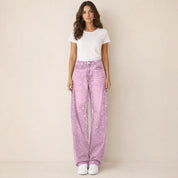 Model in roze broek met glitterglans dames, vooraanzicht