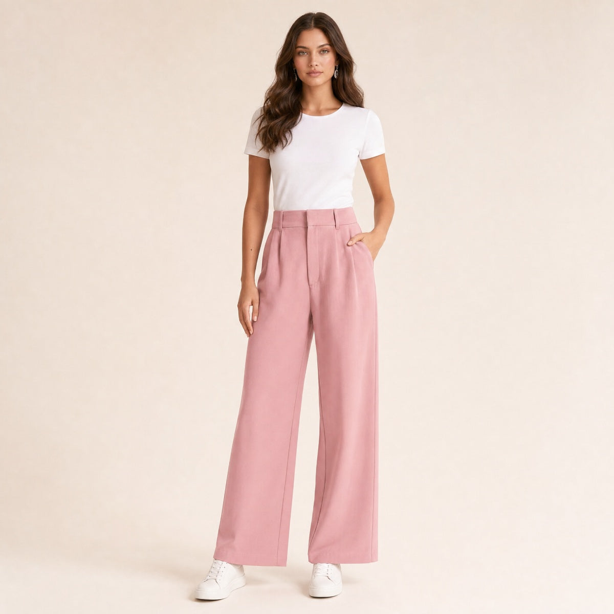 Model in roze wijde pantalon met hoge taille dames, vooraanzicht