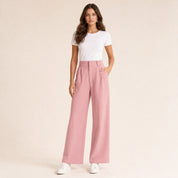 Model in roze wijde pantalon met hoge taille dames, vooraanzicht