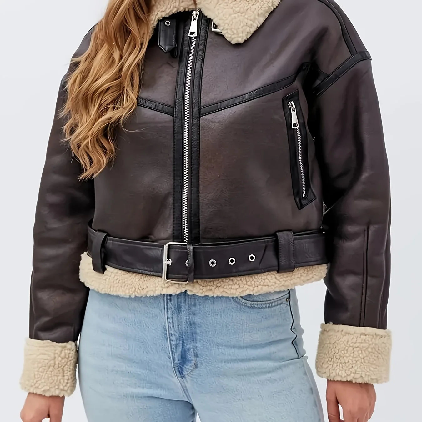Women's faux leather biker jacket in dark brown with teddy collar