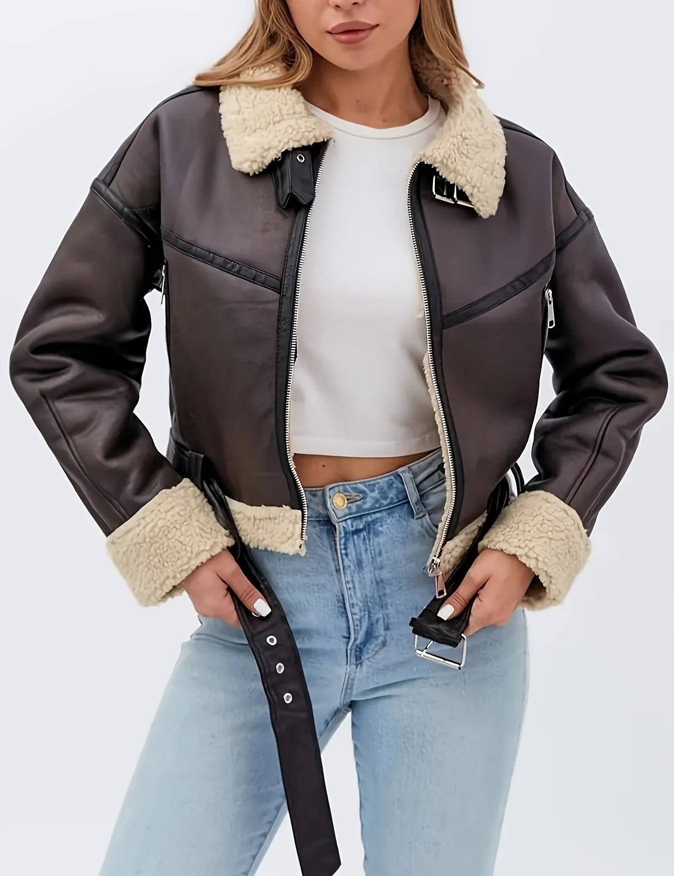 Women's faux leather biker jacket in dark brown with teddy collar