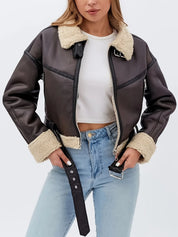 Women's faux leather biker jacket in dark brown with teddy collar
