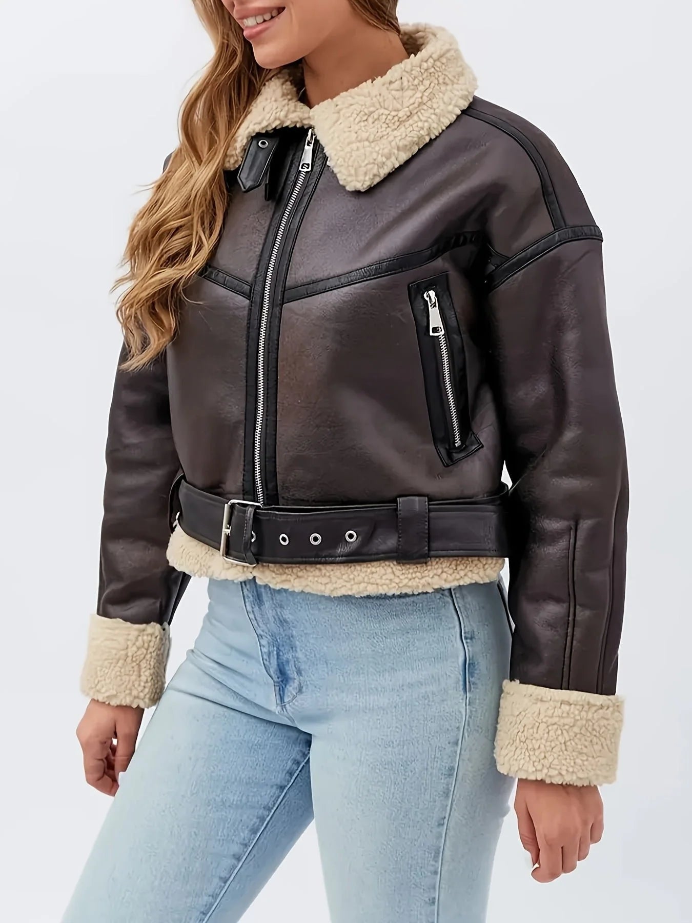 Women's faux leather biker jacket in dark brown with teddy collar