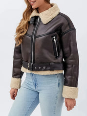 Women's faux leather biker jacket in dark brown with teddy collar