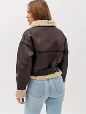Women's faux leather biker jacket in dark brown with teddy collar