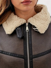 Women's faux leather biker jacket in dark brown with teddy collar