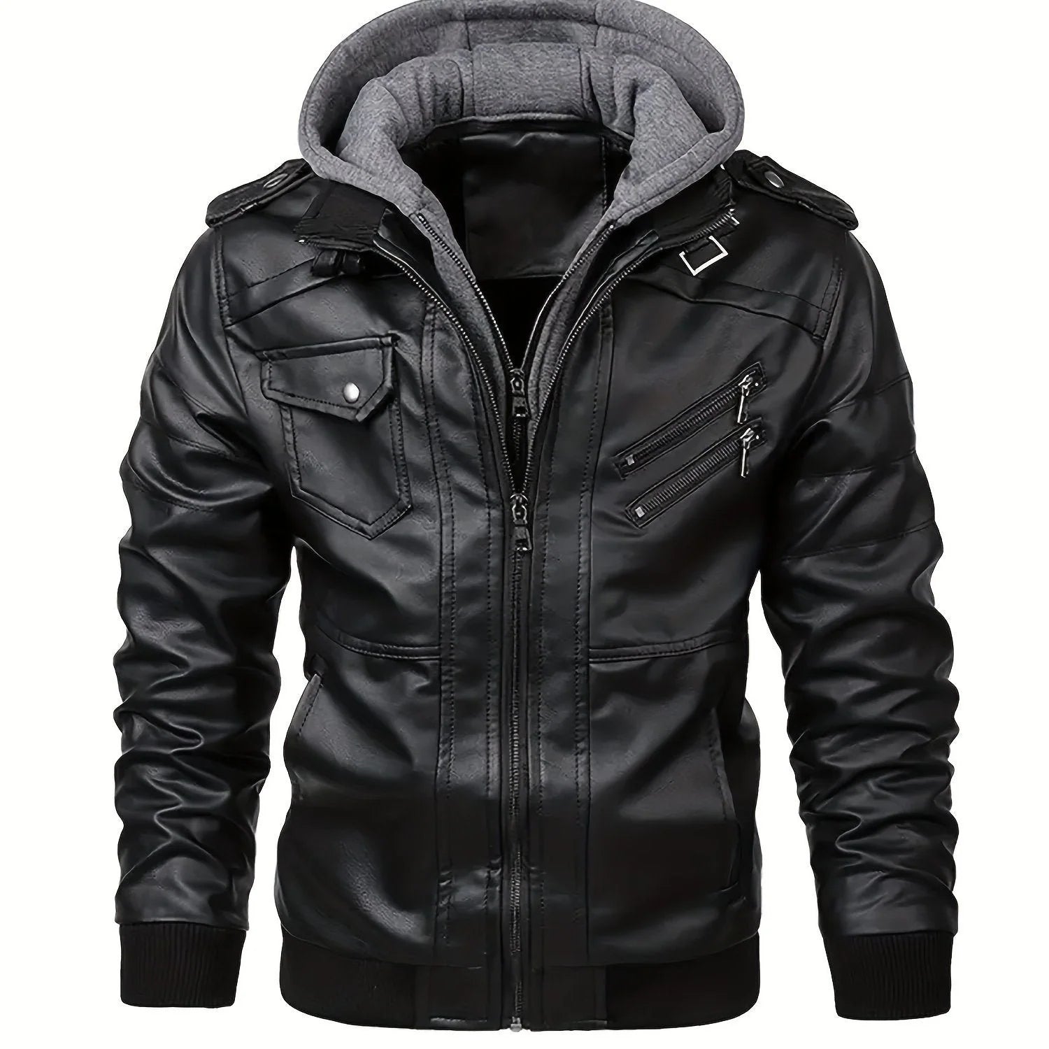 Men's faux leather jacket with removable hood and zip pockets in black