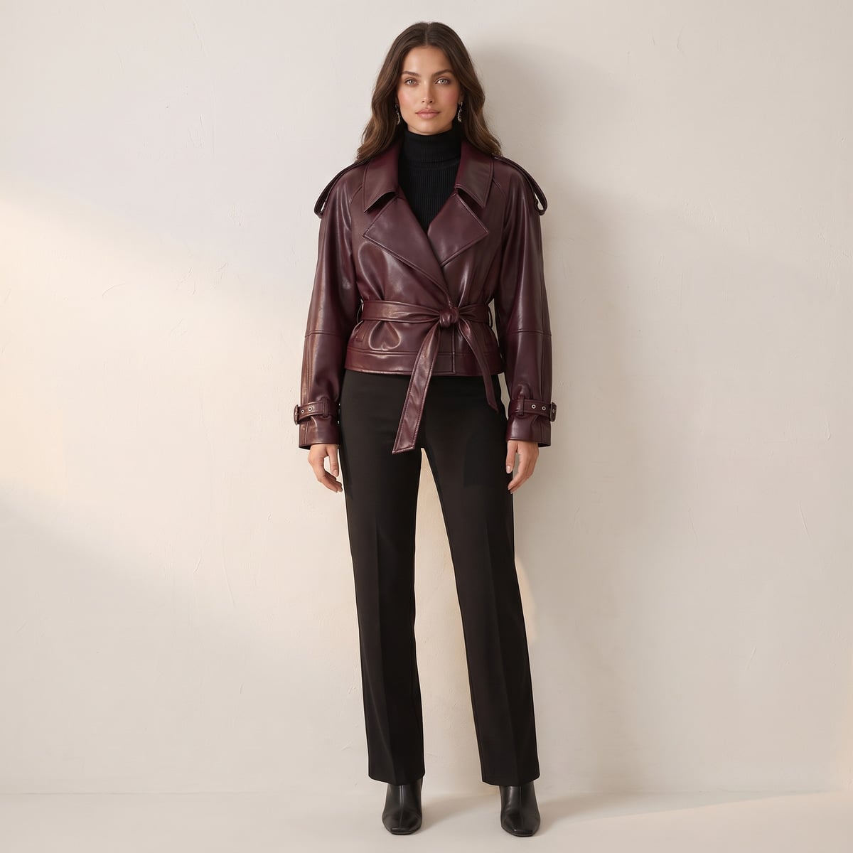 Women's faux leather jacket in burgundy with wide lapel and belt