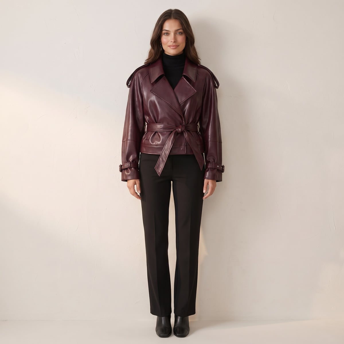 Women's faux leather jacket in burgundy with wide lapel and belt