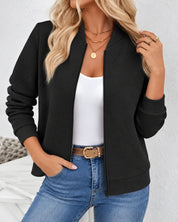 Women's fine knit zip cardigan with stand collar in black