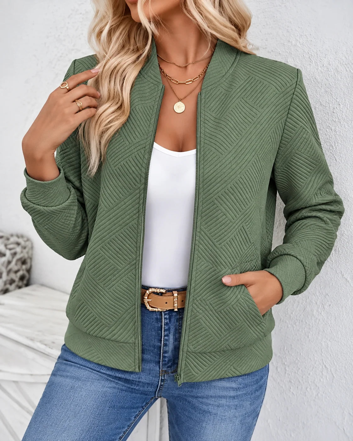 Women's fine knit zip cardigan with stand collar in green