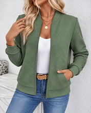 Women's fine knit zip cardigan with stand collar in green