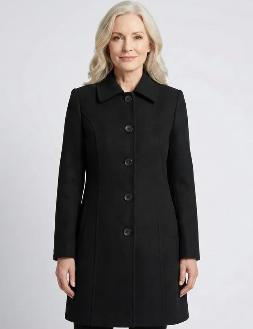 Women's fit and flare coat with button front in black