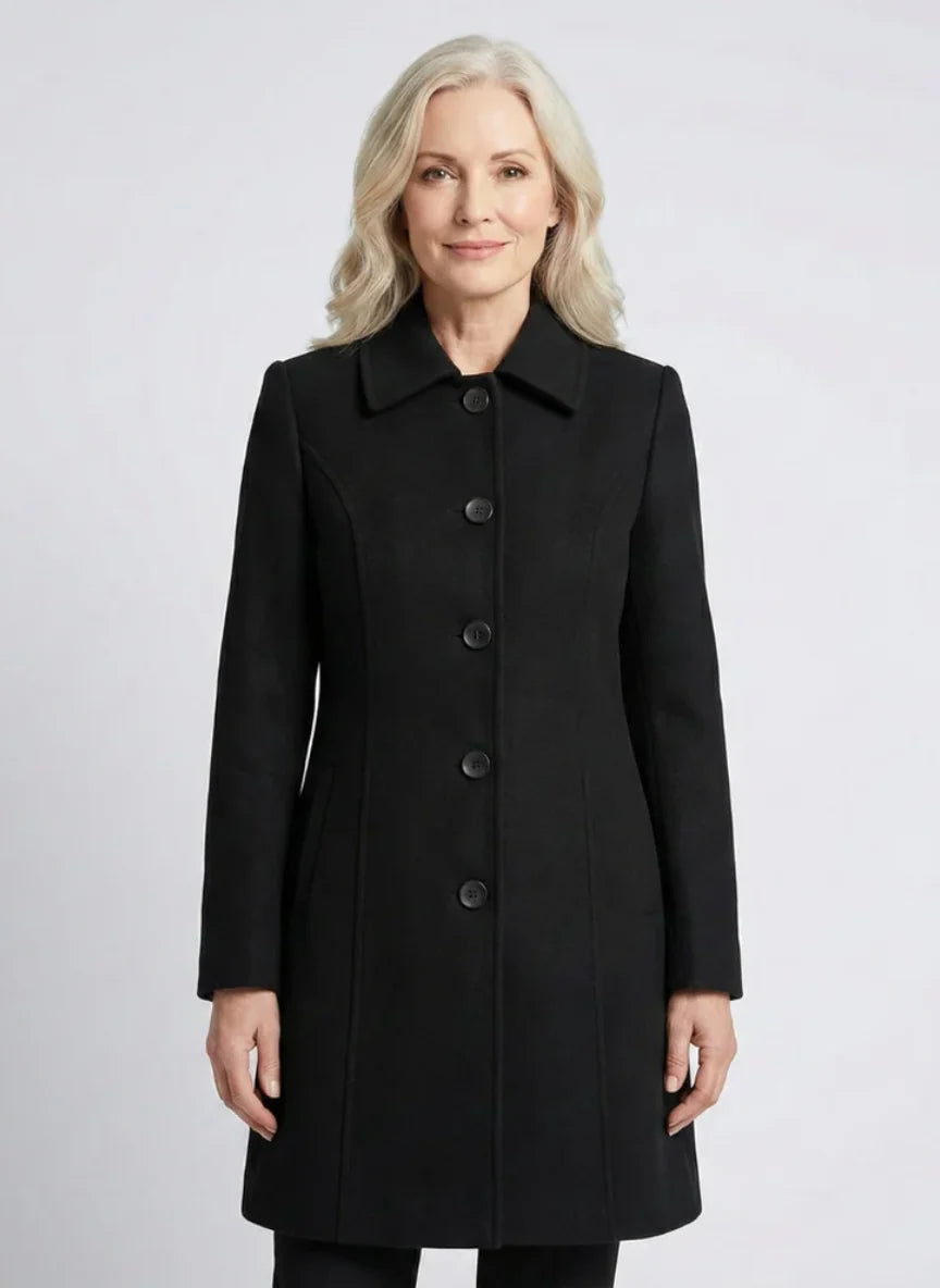 Women's fit and flare coat with button front in black