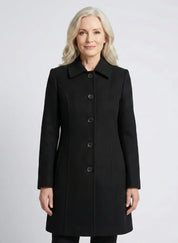 Women's fit and flare coat with button front in black