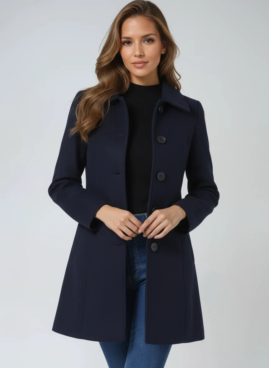 Women's fit and flare coat with button front in dark blue