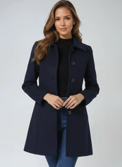 Women's fit and flare coat with button front in dark blue