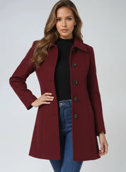 Women's fit and flare coat with button front in dark red