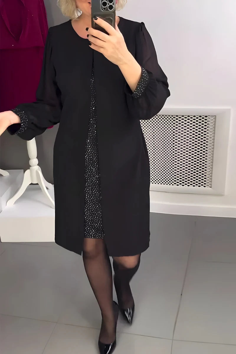 Women's fitted dress with sheer long sleeves and glitter underlay