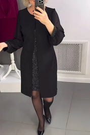 Women's fitted dress with sheer long sleeves and glitter underlay
