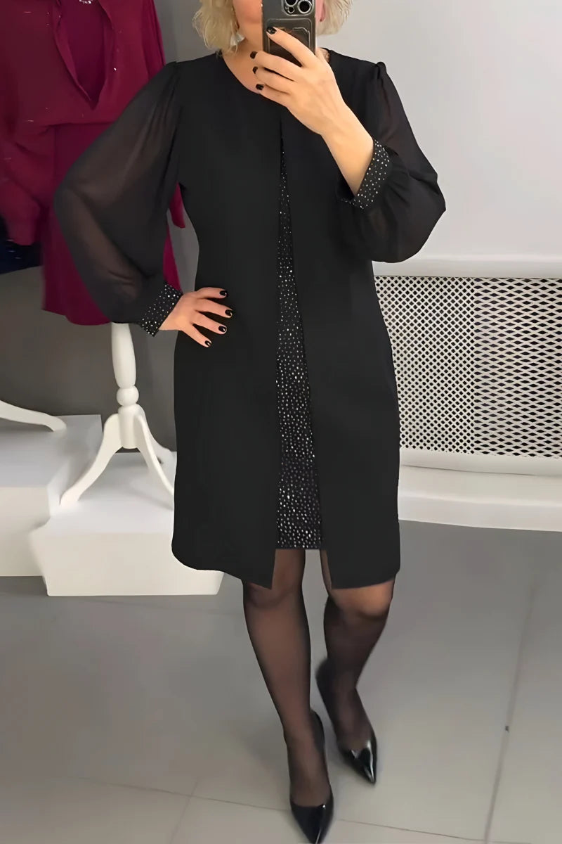 Women's fitted dress with sheer long sleeves and glitter underlay in black