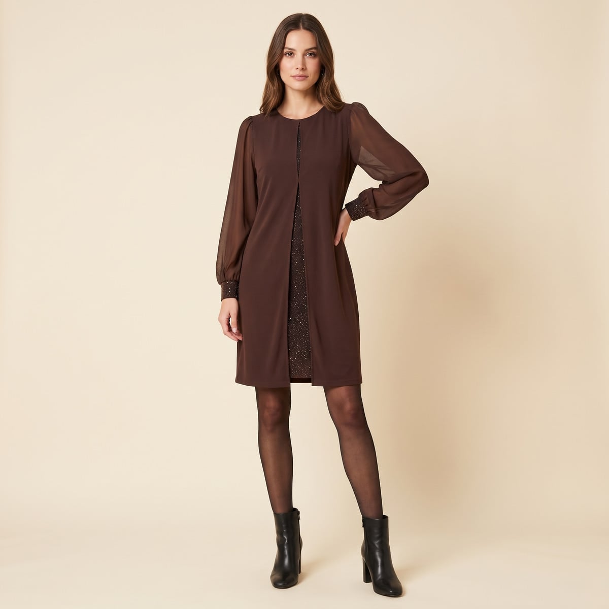 Women's fitted dress with sheer long sleeves and glitter underlay in brown