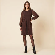 Women's fitted dress with sheer long sleeves and glitter underlay in brown