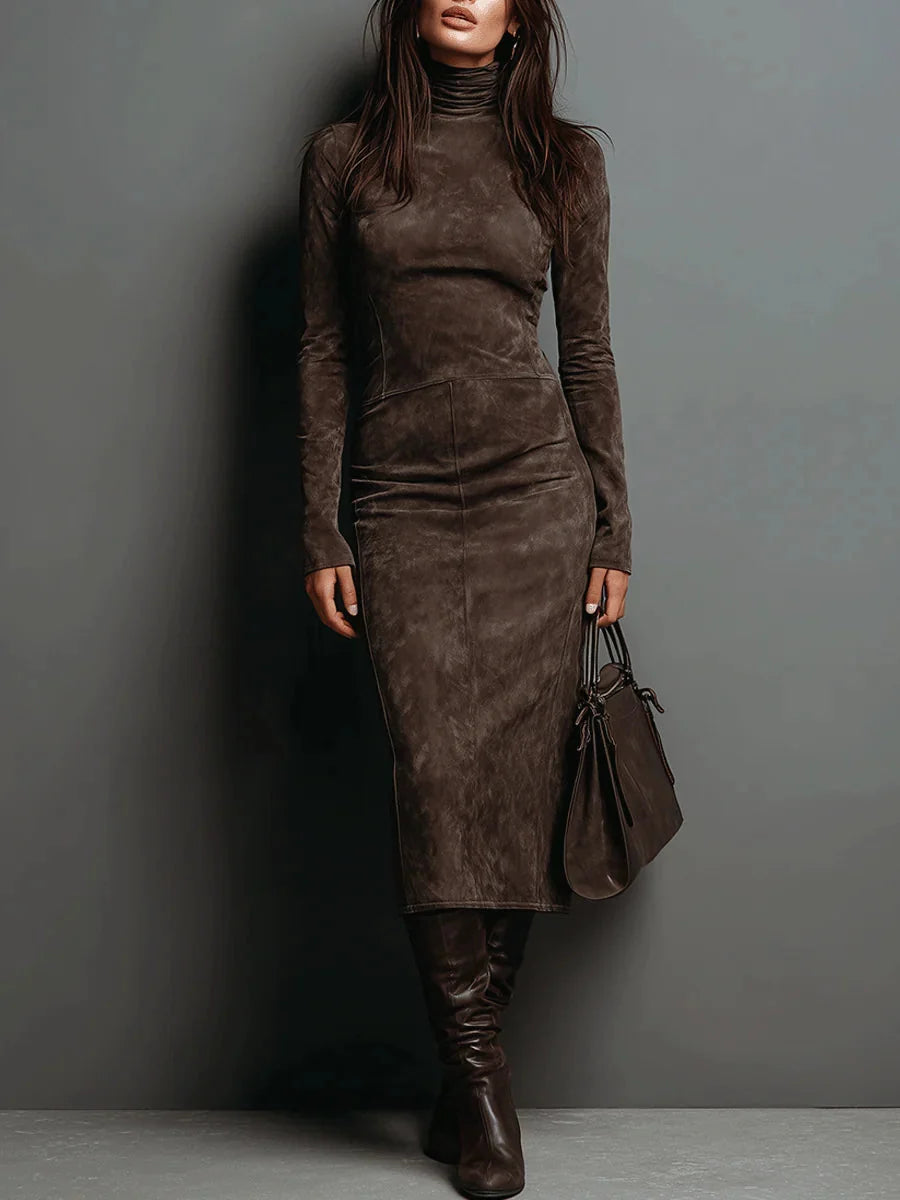 Women's fitted midi dress in brown with roll neck and long sleeves