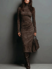 Women's fitted midi dress in brown with roll neck and long sleeves