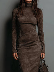 Women's fitted midi dress in brown with roll neck and long sleeves