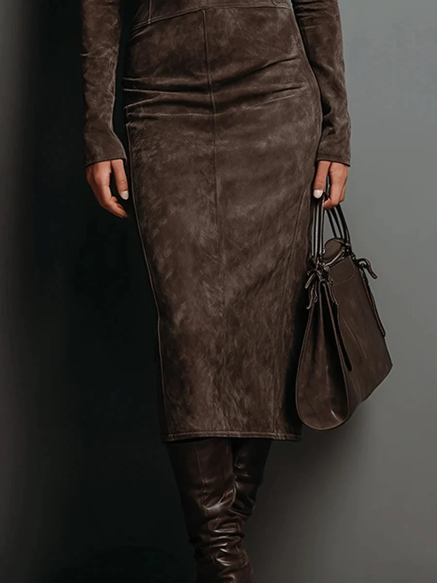 Women's fitted midi dress in brown with roll neck and long sleeves