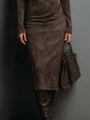 Women's fitted midi dress in brown with roll neck and long sleeves